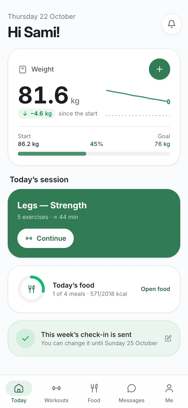 The athlete app on a phone: today’s session and meals.