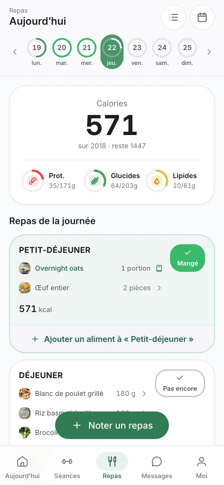 Les repas du jour, avec leurs aliments en photo.