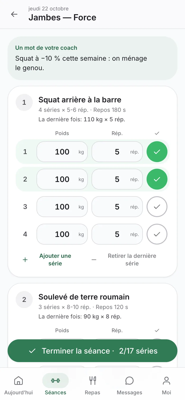 Une séance en cours : les séries cochées, avec les charges de la dernière fois.